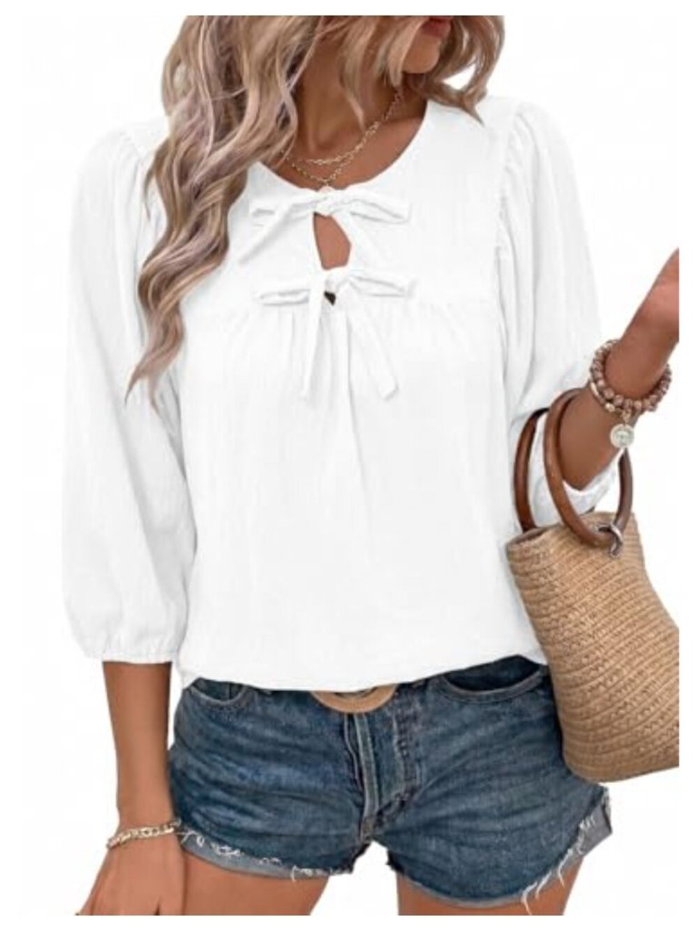 Womens Blouse 3/4 Puff Sleeve Bow Tie Dressy Casual Babydoll Top